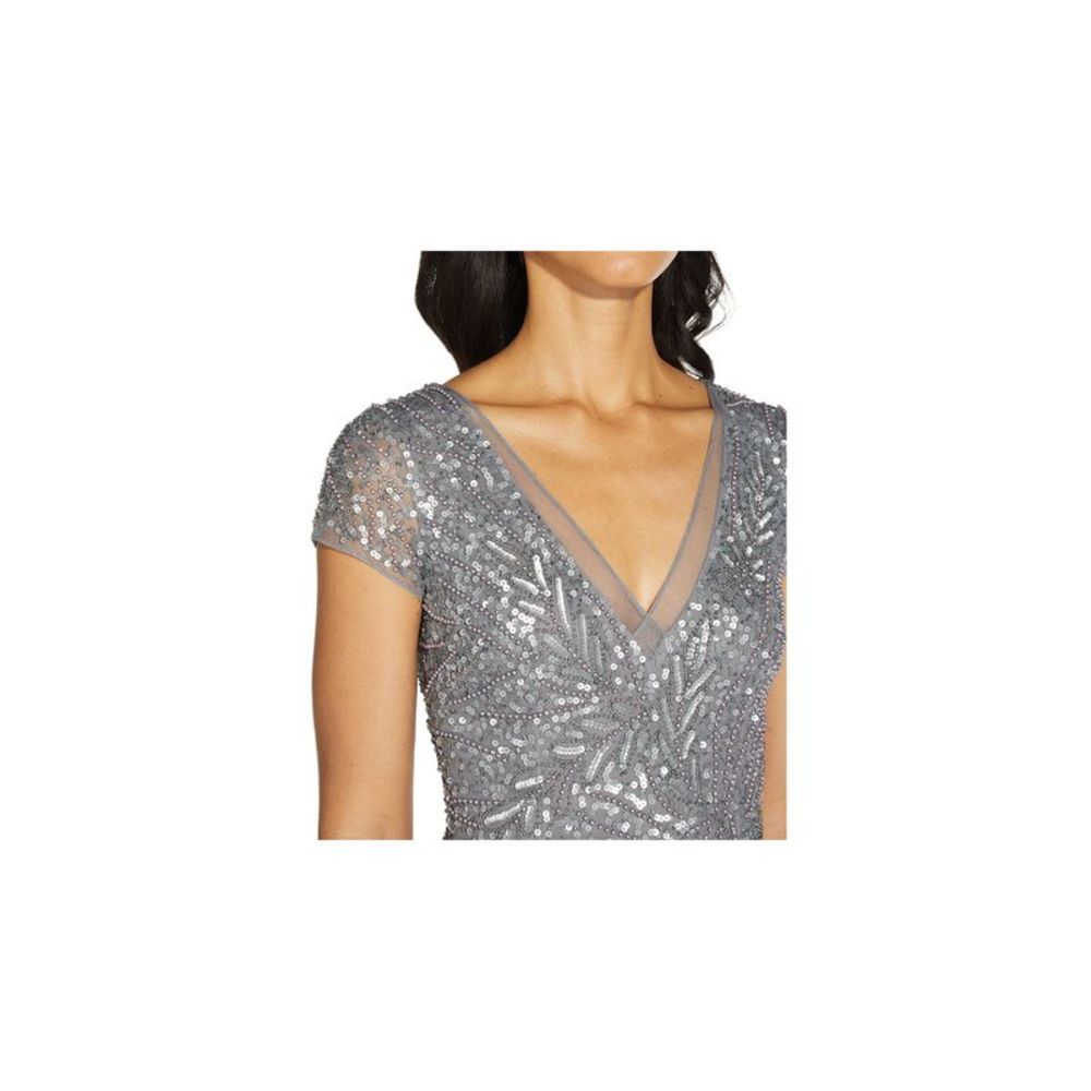ADRIANNA PAPELL Womens Gray Cap Sleeve V Neck Full-Length Formal Mermaid Dress 4 - Picture 3 of 4